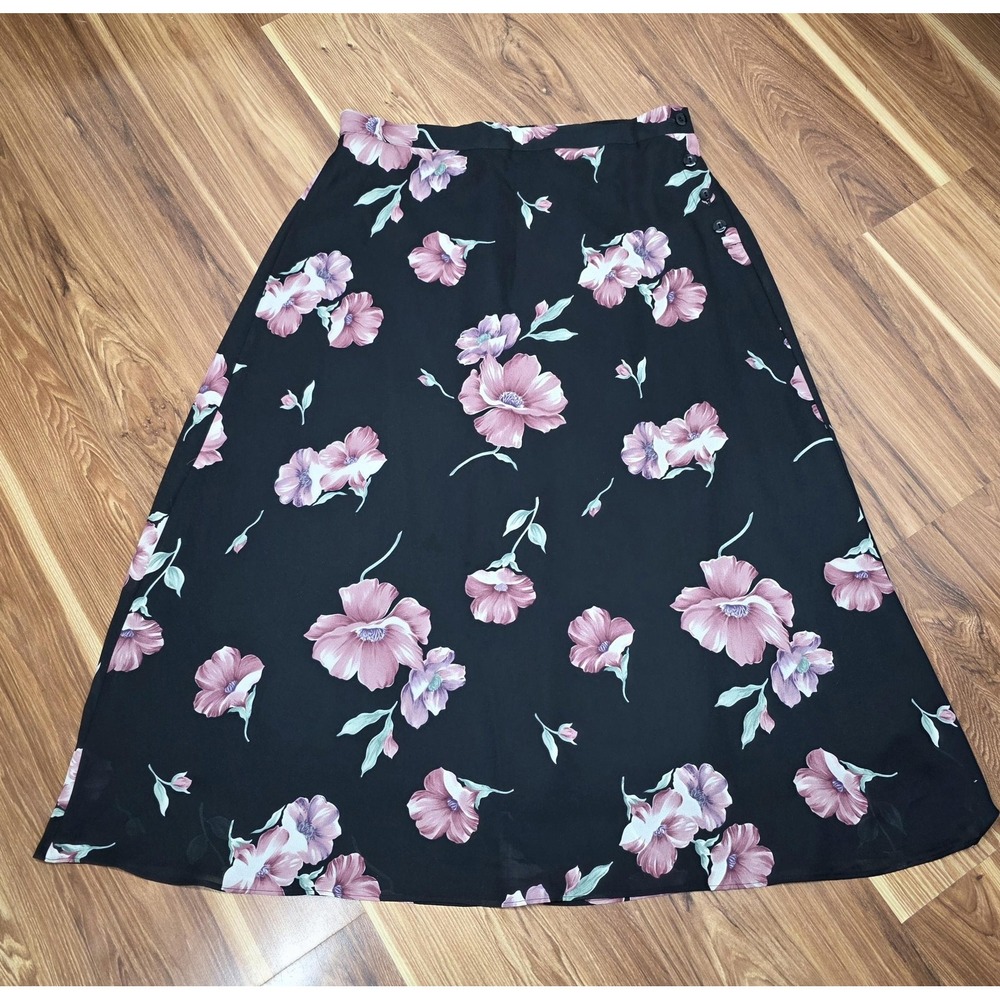 Vtg Sag Harbor Midi Skirt Womens Large Black Romantic Floral Fairy Chiffon Lined